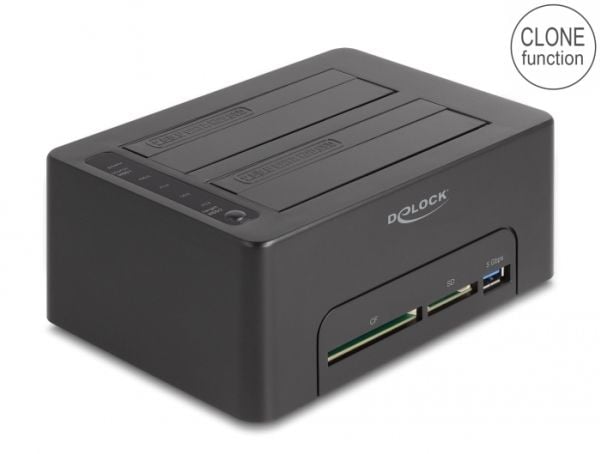 Delock USB dobbel dockingstasjon for 2 x SATA HDD / SSD med klonefunksjon og kortleser + ekstra USB-port