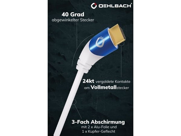 OEHLBACH D1C42538, 3 m, HDMI Type A (Standard), HDMI Type A (Standard), 3D, 48 Gbit/sek, Blå, Hvit