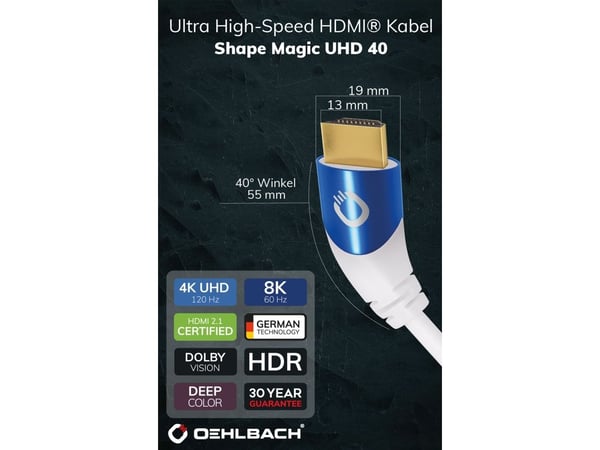OEHLBACH D1C42538, 3 m, HDMI Type A (Standard), HDMI Type A (Standard), 3D, 48 Gbit/sek, Blå, Hvit