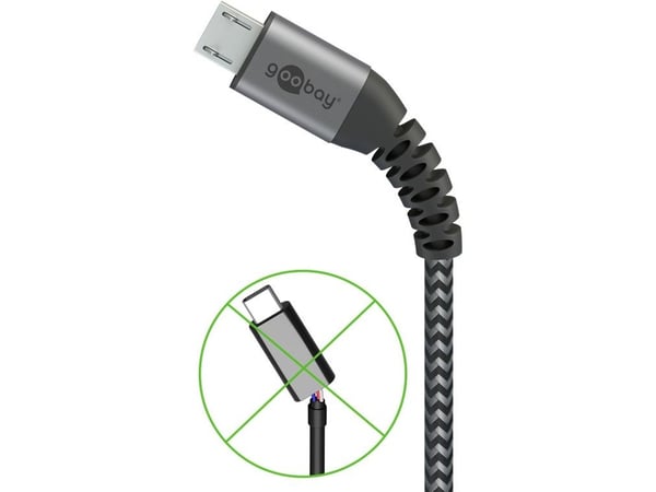 Micro USB til USB-A Tekstil kabel med metalpropper (Space grå / sølv) 1 m