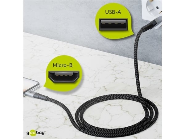 Micro USB til USB-A Tekstil kabel med metalpropper (Space grå / sølv) 1 m