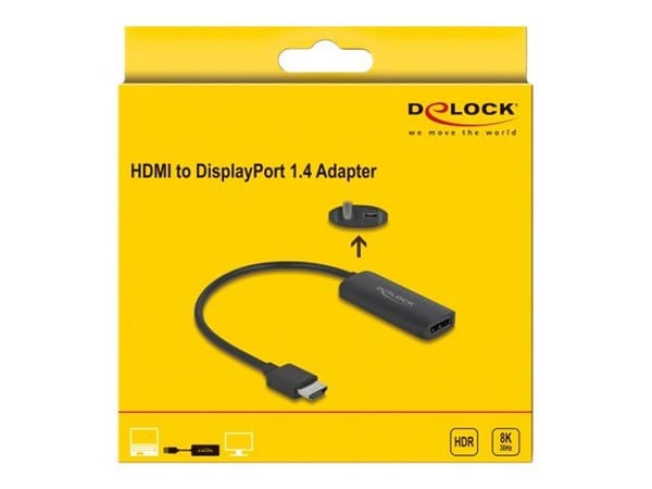Delock - High Speed - video adapter - HDMI, Micro-USB type B (kun strøm) hann til DisplayPort hunn - 18 cm - svart - 8 K 30 Hz (7680 x 4320) støtte...