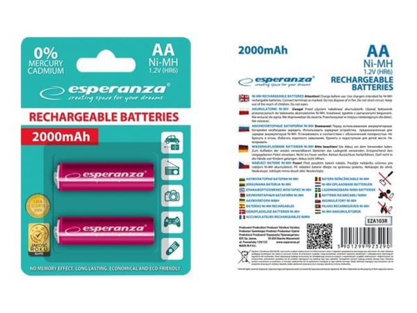 Esperanza - Batteri 2 x AA-type - NiMH - 2000 mAh - rød