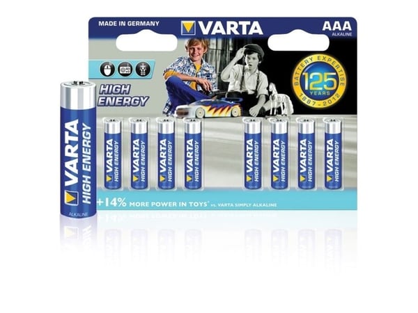 Varta High Energy AAA, Engangsbatteri, Alkalinsk, 1,5 V, 8 stykker, Blå, Sølv, AAA