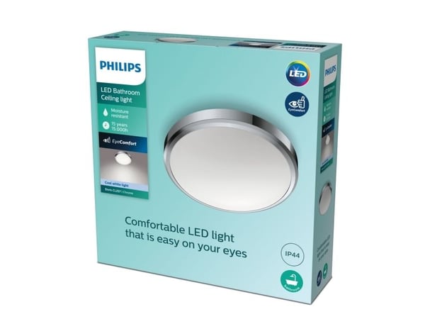Philips Funksjonell Doris-taklampe, 17 W, LED, Ikke-utskiftbare pærer, 1700 lm, IP44, Kromfarget