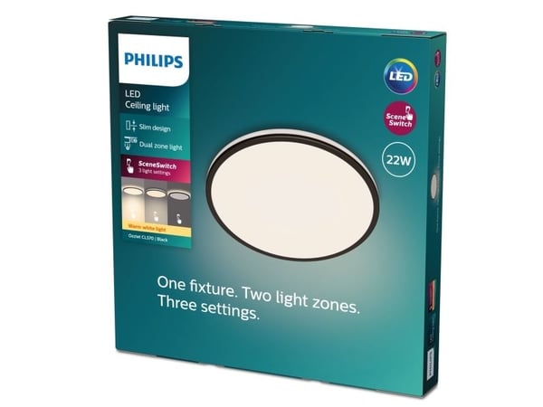 Philips Funksjonell Ozziet-taklampe, 22 W, LED, Ikke-utskiftbare pærer, 2700 K, 2300 lm, IP20, Svart