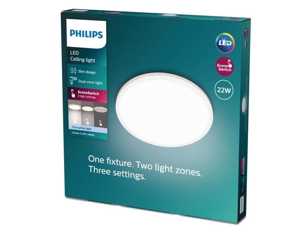 Philips Funksjonell Ozziet-taklampe, 22 W, LED, Ikke-utskiftbare pærer, 4000 K, 2500 lm, IP20, Hvit