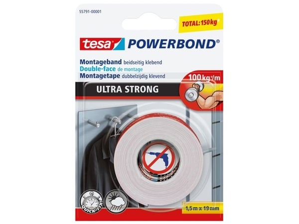 TESA 55791-00001, Monterings tape, Hvit, 1,5 m, Utendørs, Plast, Tre, 1 kg/cm