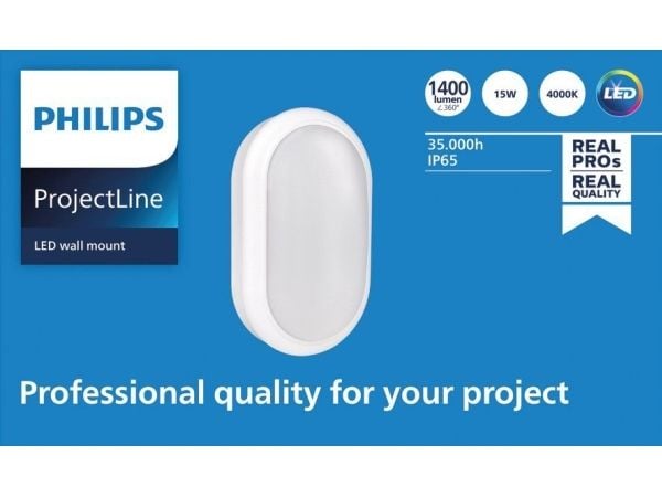 Philips Veggmontering, Utenpåliggende montering, Oval, 1 pære(r), 4000 K, IP65, Hvit