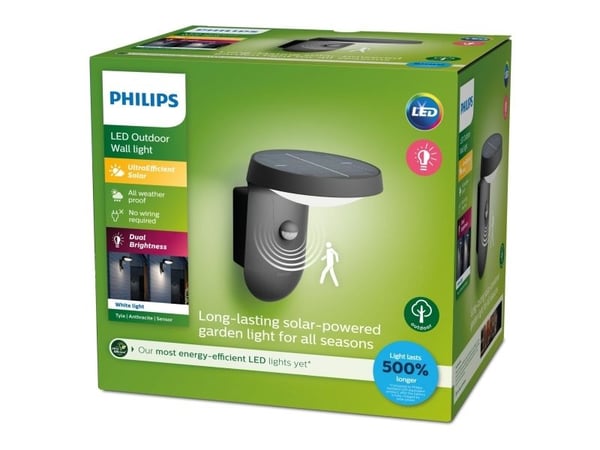 Philips Tyla-vegglampe, 1,2 W, Vegglys, Antrasitt, Metall, IP44, Terrasse, Hage, III