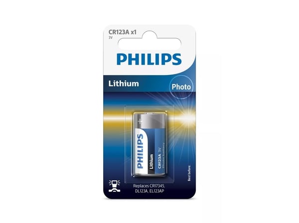 Philips Minicells Valokenno CR123A/01B, Ladattava akku, 3 V, Cd (kadmium), Hg (elohopea), Pb (lyijy), 22 g, PET, 83 x 120 x 17 mm