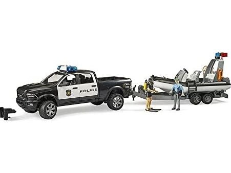 Bruder Dodge Ram 2500 Police pickup truck, trailer, boat, 2 figures with Light and Sound toy