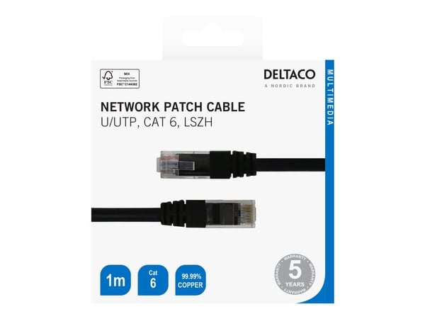 Deltaco Verkkokaapeli, Cat6, U/UTP, 24 AWG, LSZH, 1 m, musta, 1 m, Cat6, U/UTP (UTP), RJ-45, RJ-45, musta