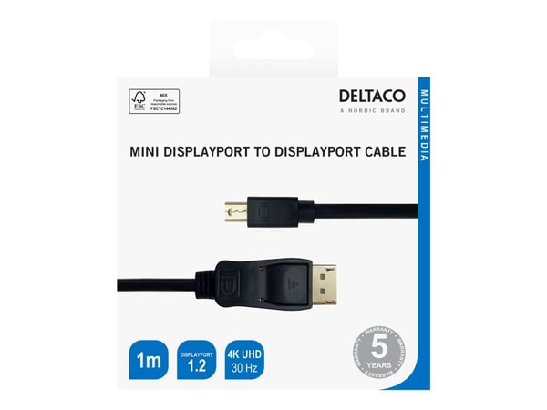 DELTACO - DisplayPort-kabel - DisplayPort (hann) til Mini DisplayPort (hann) - DisplayPort 1.2 - 1 m - 4K 30Hz støtte - svart