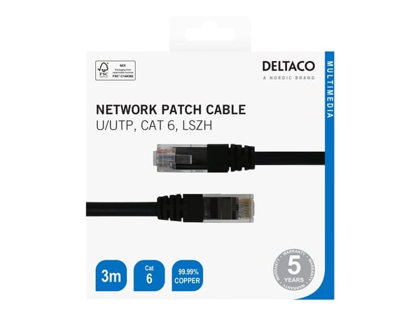 DELTACO - Liitäntäkaapeli - RJ-45 (uros) RJ-45 (uros) - 3 m - UTP - CAT 6 - halogeeniton, muotoiltu - musta
