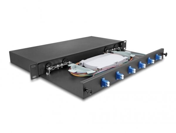 Delock - Spleiseboks for fiberoptikk - OS2, complete assembled - front - rackmonterbar - LC Duplex x 6 - svart - 1U - 19"