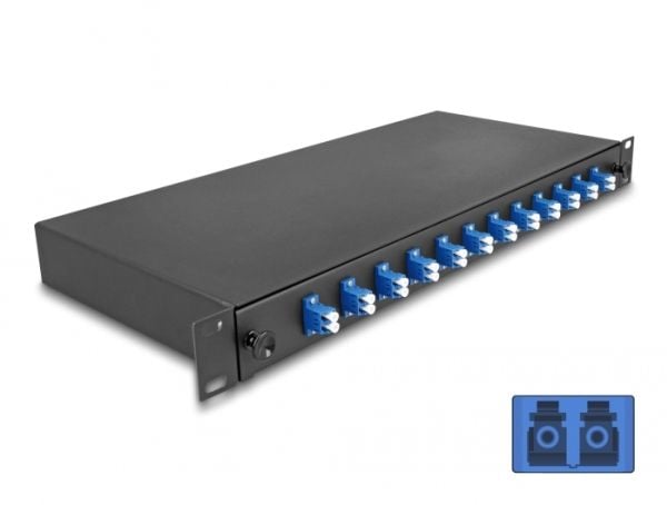 Delock - Spleiseboks for fiberoptikk - OS2, complete assembled - front - rackmonterbar - LC Duplex x12 - svart - 1U - 19"