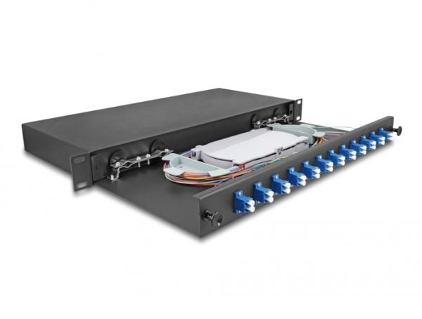 Delock - Spleiseboks for fiberoptikk - OS2, complete assembled - front - rackmonterbar - LC Duplex x12 - svart - 1U - 19"