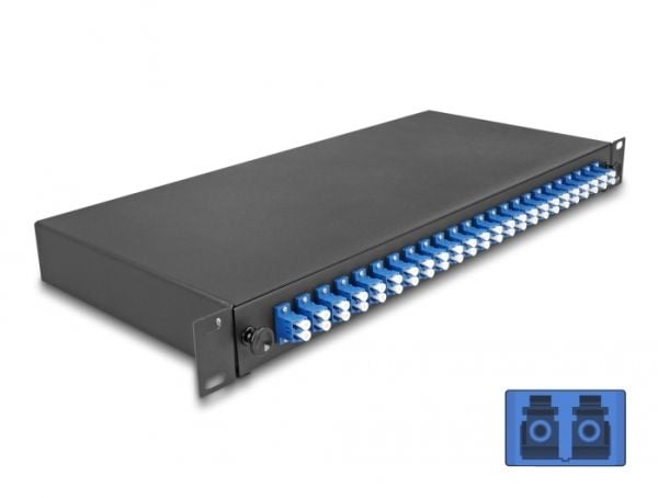 Delock - Spleiseboks for fiberoptikk - OS2, complete assembled - front - rackmonterbar - LC Duplex x 24 - svart - 1U - 19"