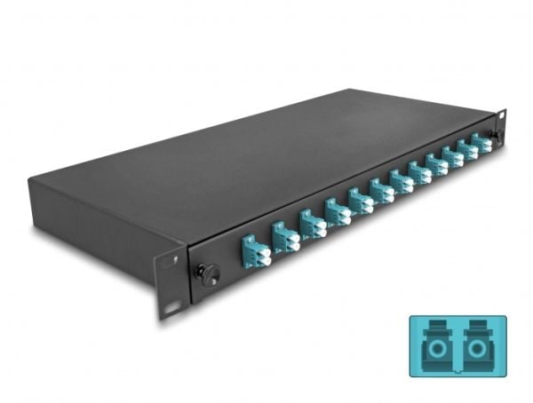 Delock - Spleiseboks for fiberoptikk - OM3, complete assembled - front - rackmonterbar - LC Duplex x12 - svart - 1U - 19"