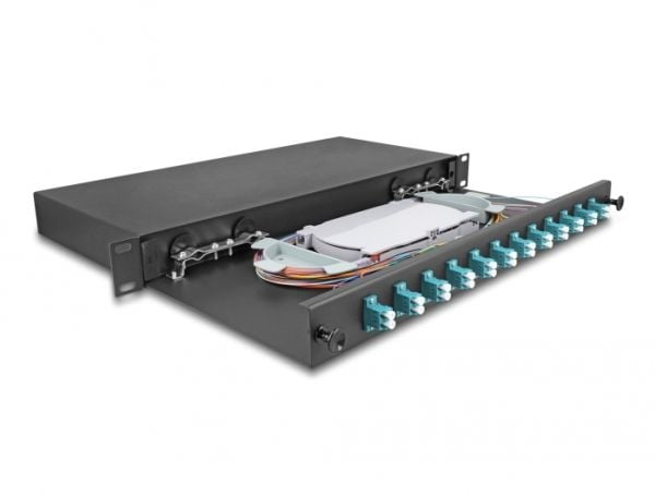 Delock - Spleiseboks for fiberoptikk - OM3, complete assembled - front - rackmonterbar - LC Duplex x12 - svart - 1U - 19"
