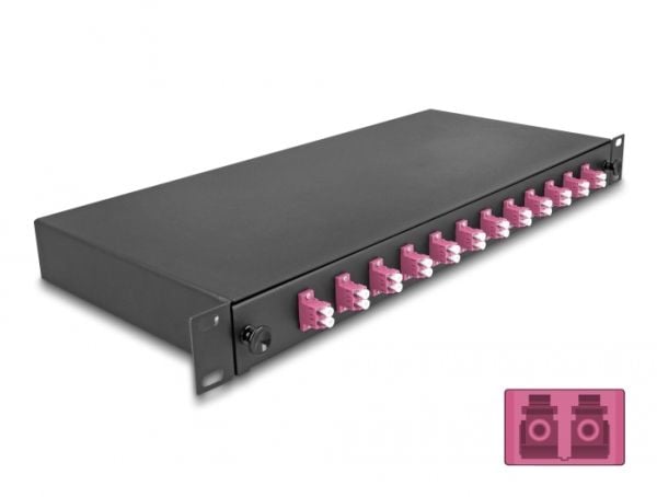 Delock - Spleiseboks for fiberoptikk - OM4, complete assembled - front - rackmonterbar - LC Duplex x12 - svart - 1U - 19"