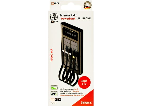 2GO Powerbank Solar 10000mAh musta LED-taskulampulla varustettuna