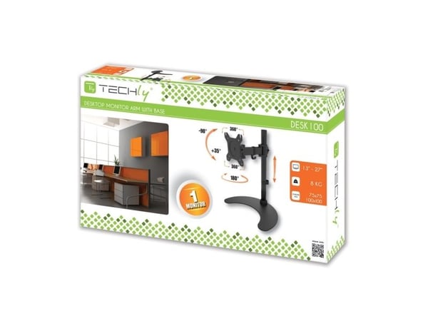 Techly Desk Stand for 1 Monitor 13 "-27" with Base h.400mm ICA-LCD 3400, Frittstående, 8 kg, 33 cm (13"), 68,6 cm (27"), 100 x 100 mm, Sort
