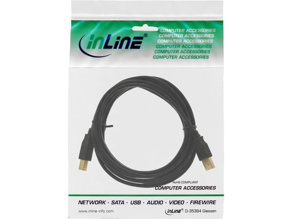 InLine 4043718125074, 10 m, USB A, USB B, USB 2.0, Hankjønn/hankjønn, Svart