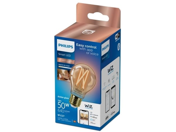 Philips Filament-lamppu amber 7 W (vastaa 50 W) A60 E27, Älylamppu, Läpinäkyvä, LED, E27, Valkoinen, 2000 K