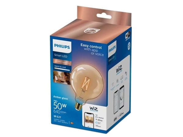 Philips Smart - LED-filamentlyspære - form: G125 - E27 - 7 W (ekvivalent 50 W) - klasse F - varm til kjølig hvitt lys - 2000-5000 K - ravgul