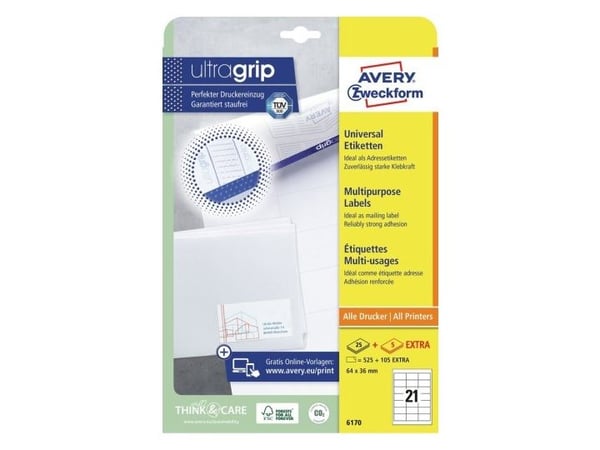Avery Zweckform 6170 - Papir - permanent klæbemiddel - hvit - 64 x 36 mm 525 etikett(r) (25 ark x 21) etiketter