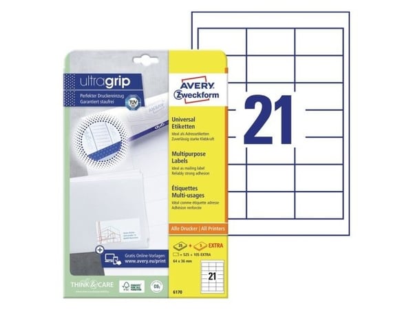 Avery Zweckform 6170 - Papir - permanent klæbemiddel - hvit - 64 x 36 mm 525 etikett(r) (25 ark x 21) etiketter