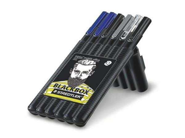 STAEDTLER triplus Black box - Kynä, Fineliner, rajauskynä, valokynä, mekaaninen lyijykynä ja rullakärkisetti - musta, sininen, keltainen (6 kpl)