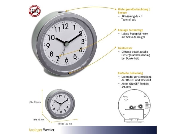 TFA-Dostmann 60.010669, Quartz vekkerklokke, Rund, Mynte, Sølv, Plast, Analog, Batteri