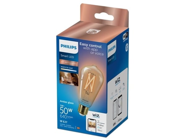Philips Smart - LED-filamentlyspære - form: ST64 - E27 - 7 W (ekvivalent 50 W) - klasse F - varm til kjølig hvitt lys - 2000-5000 K - ravgul