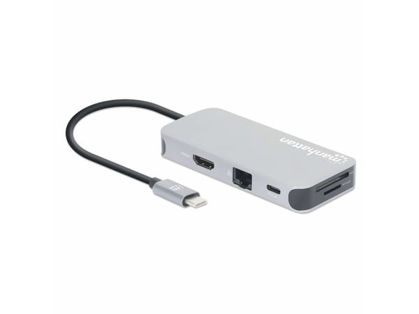 Manhattan 130615, Koblet med ledninger (ikke trådløs), USB 3.2 Gen 1 (3.1 Gen 1) Type-C, 100 W, 10,100,1000 Mbit/s, Aluminium, MicroSD (TransFlash)