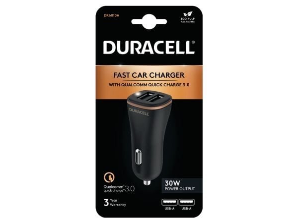 2xUSB 30W Duracell autolaturi (musta)