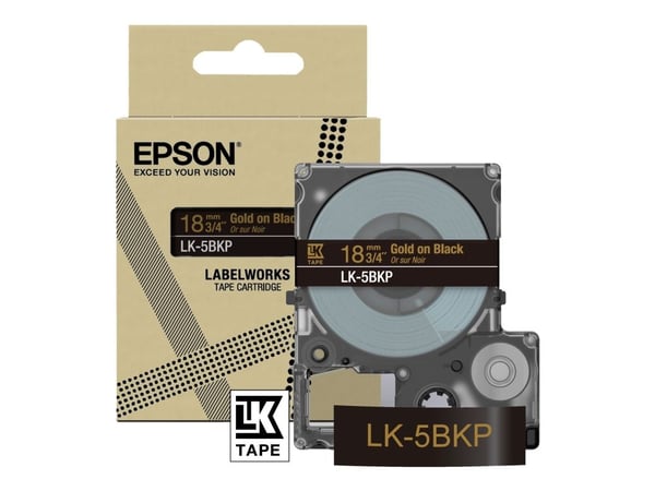 Epson LabelWorks LK-5BKP - Metallisk - gull på sort - Rull (1,8 cm x 9 m) 1 kassett(er) hengeboks - tapepatron - for LabelWorks LW-C410, LW-C610