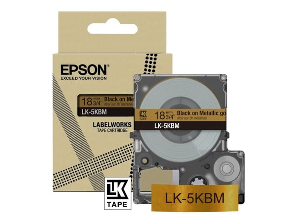 Epson LabelWorks LK-5KBM - Svart på metallisk gull - Rull (1,8 cm x 9 m) 1 kassett(er) hengeboks - tapepatron - for LabelWorks LW-C410, LW-C610