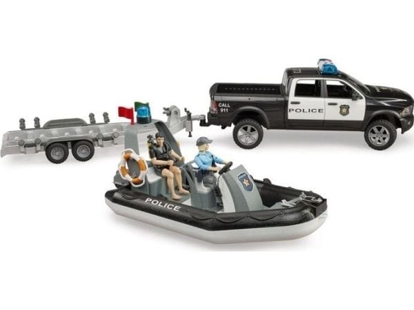 Bruder Dodge Ram 2500 Police pickup truck, trailer, boat, 2 figures with Light and Sound toy