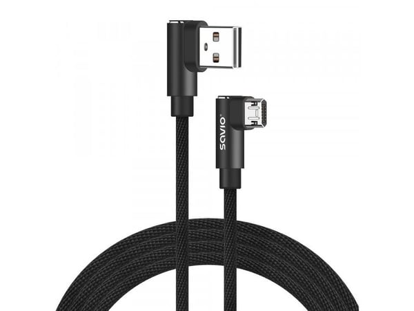 SAVIO - USB-kaapeli - USB (uros) 90° kulmassa, käännettävissä Micro-USB Type B:hen (uros) 90° kulmassa, käännettävä - USB 2.0 - 2.4 A - 2 m - musta