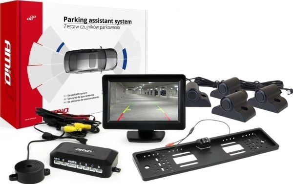 Parkeringshjelpesystem TFT01 4,3" med HD-402-LED-kamera 4 svarte sensorer for lastebiler