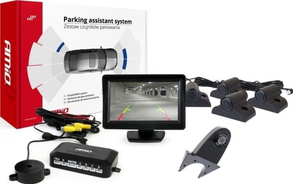 Parkeringshjelpesystem TFT01 4,3" med HD-502-IR-kamera, 4 svarte sensorer, for lastebiler