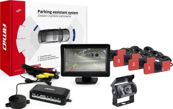 Parkeringshjelpesystem TFT01 4,3" med HD-501-IR-kamera, 4 svarte sensorer, innebygd