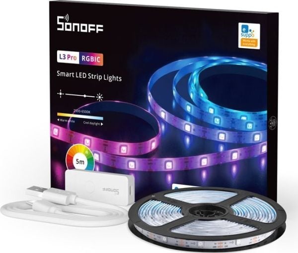 Sonoff L3-5M-P, Universell belysningslist, Atmosfär, Orienteringsljus, Inomhus / utomhus, Självhäftande tejp, Vit, Polykarbonat
