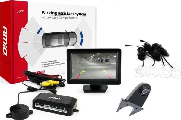 Parkeringshjelpsystem TFT01 4,3" med HD-502-IR-kamera, 4 hvite sensorer