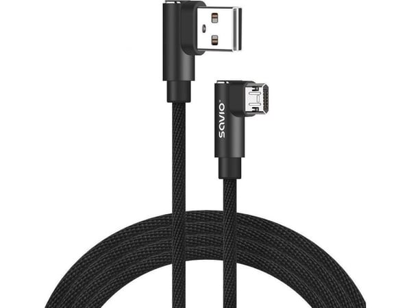 SAVIO - USB-kaapeli - USB (uros) 90° kulmassa, käännettävissä Micro-USB Type B:hen (uros) 90° kulmassa, käännettävä - USB 2.0 - 2.4 A - 2 m - musta