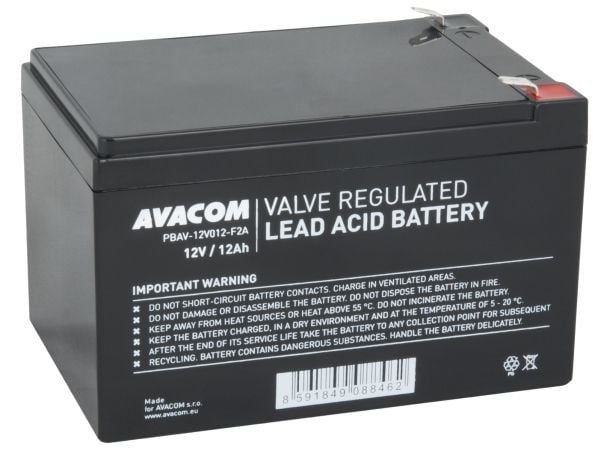 AVACOM PBAV-12V012-F2A, Forseglet blysyre (VRLA), 12 V, 1 stykker, Sort, 12 Ah, 3,4 kg