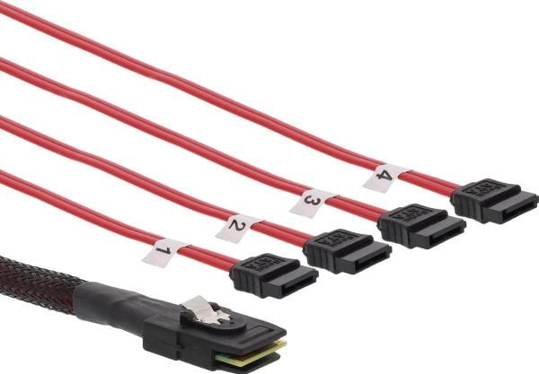 InLine 27610C, 0,5 m, Mini SAS SFF-8087 male, 4x SATA, Hankjønn/hankjønn, Rød, 48 g